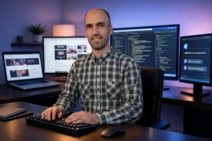 A solo AI-powered freelancer working at a multi-screen setup, replacing an entire web agency